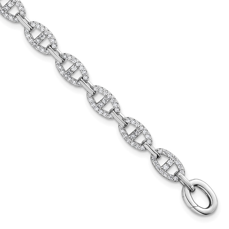 Sterling Silver Rhodium-plated Polished CZ Anchor/Mariner Link 7.25 inch Bracelet