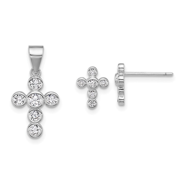 Sterling Silver Rhodium-plated Polished CZ Cross Post Earrings and Pendant Set