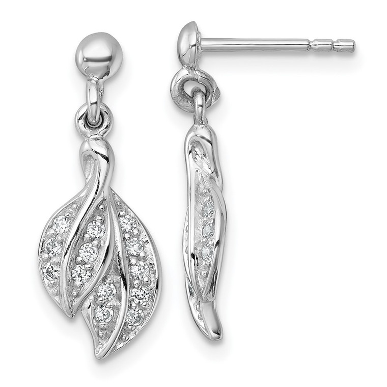 Sterling Silver Rhodium-plated Polished CZ Leaf Dangle Post Earrings