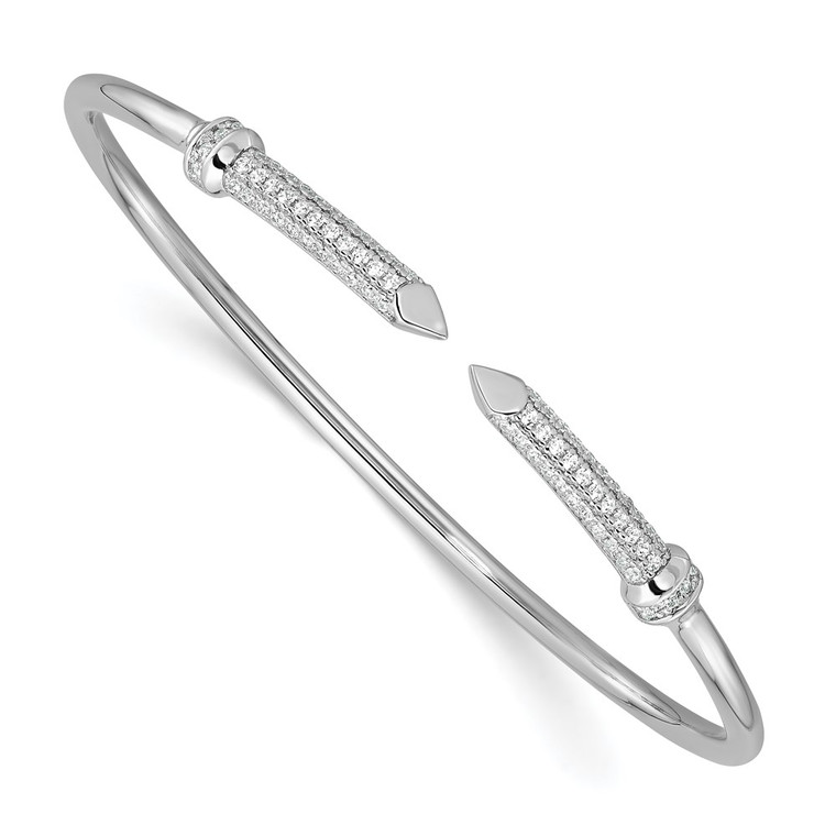 Sterling Silver Rhodium-plated Polished CZ Pointed Ends Flexible Cuff Bangle