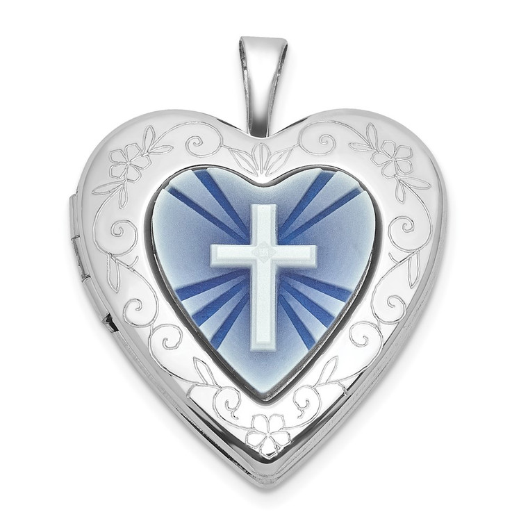 Sterling Silver Rhodium-plated Polished Front/Brushed Back Blue Cross Resin Cameo 20mm Heart Locket