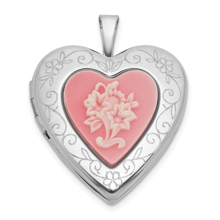 Sterling Silver Rhodium-plated Polished Front/Brushed Back Pink Flowers Resin Cameo 20mm Heart Locket