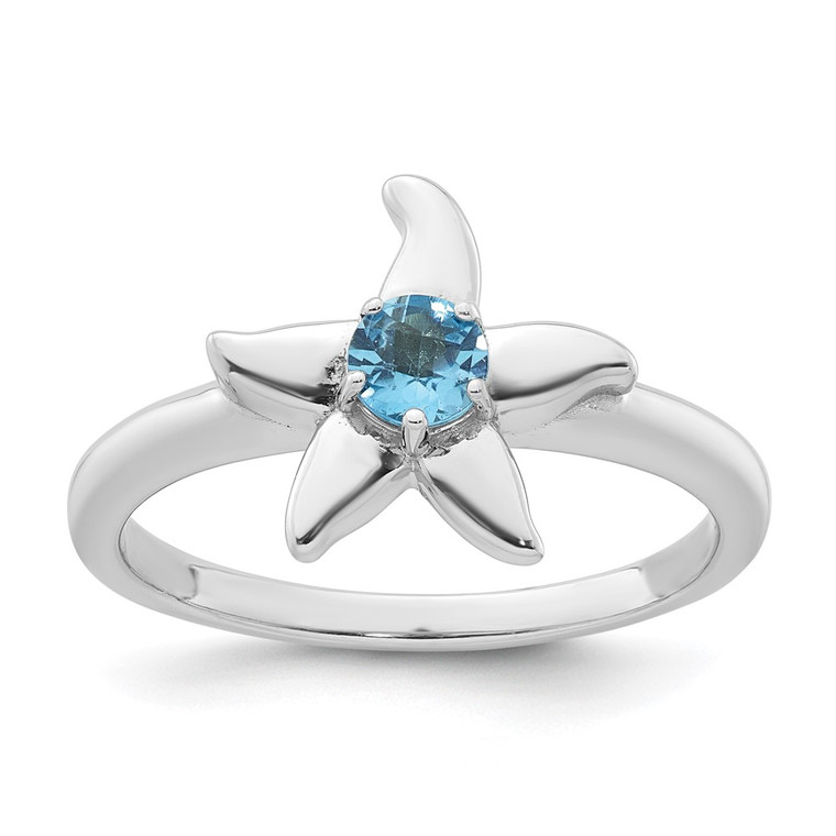 Sterling Silver Rhodium-plated Polished Round Light Swiss Blue Topaz Starfish Ring - QR-71E237D4-6524