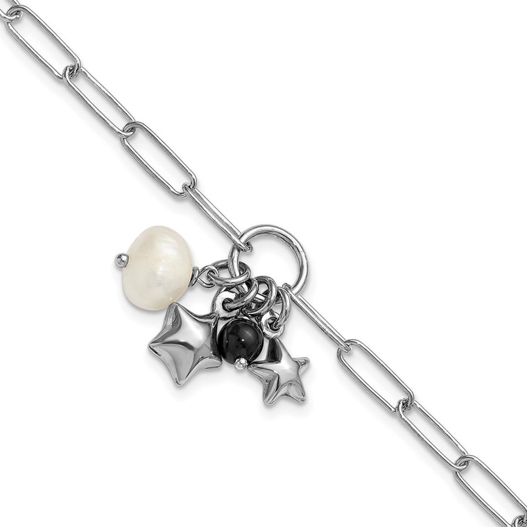 Sterling Silver Rhodium-plated Stars and White Freshwater Cultured Pearl and Black Acrylic Bead 6.75 inch with 1 inch Extender Paperclip Bracelet
