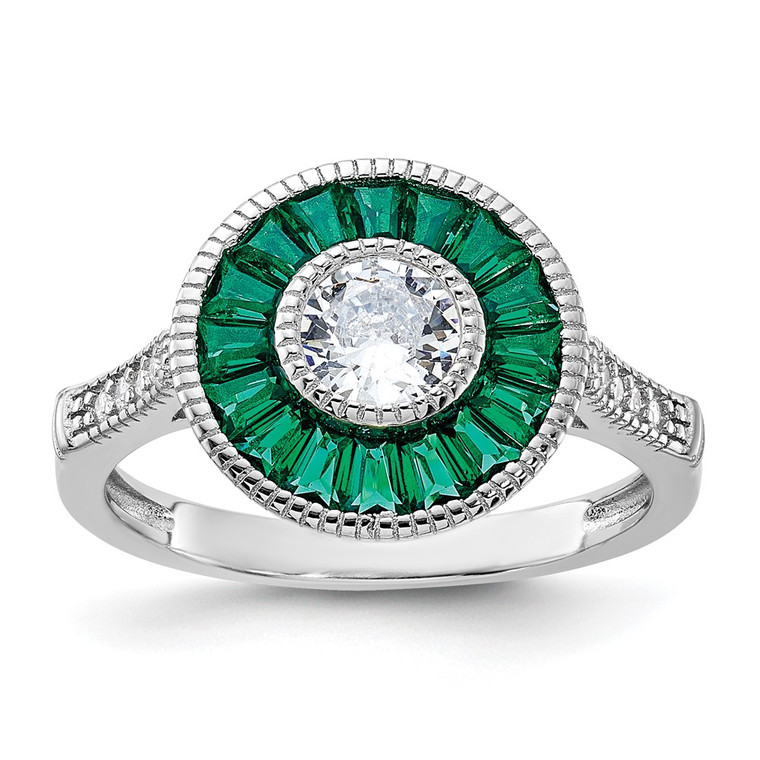 Sterling Silver Rhodium-plated Synthetic Green Spinel and CZ Ring - QR-0A88AD1F-8923