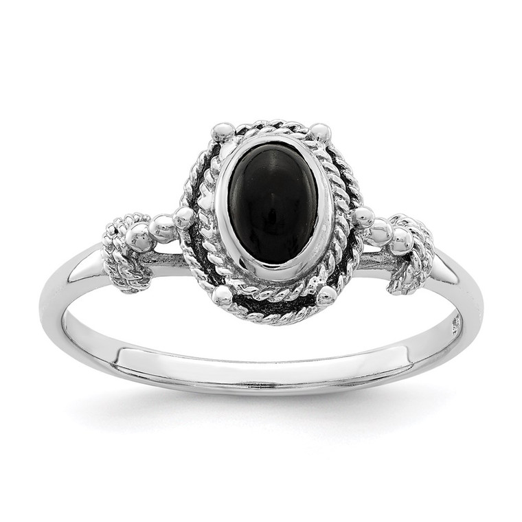 Sterling Silver Rhodium-plated with Black Oval Onyx Stone Ring - QR-7706403E-4736