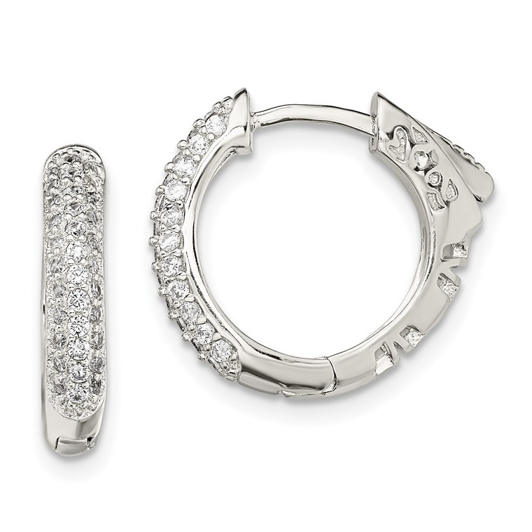 Sterling Silver Rhod-plated Pav‚ CZ Safety Lock Hinged Hoop Earrings