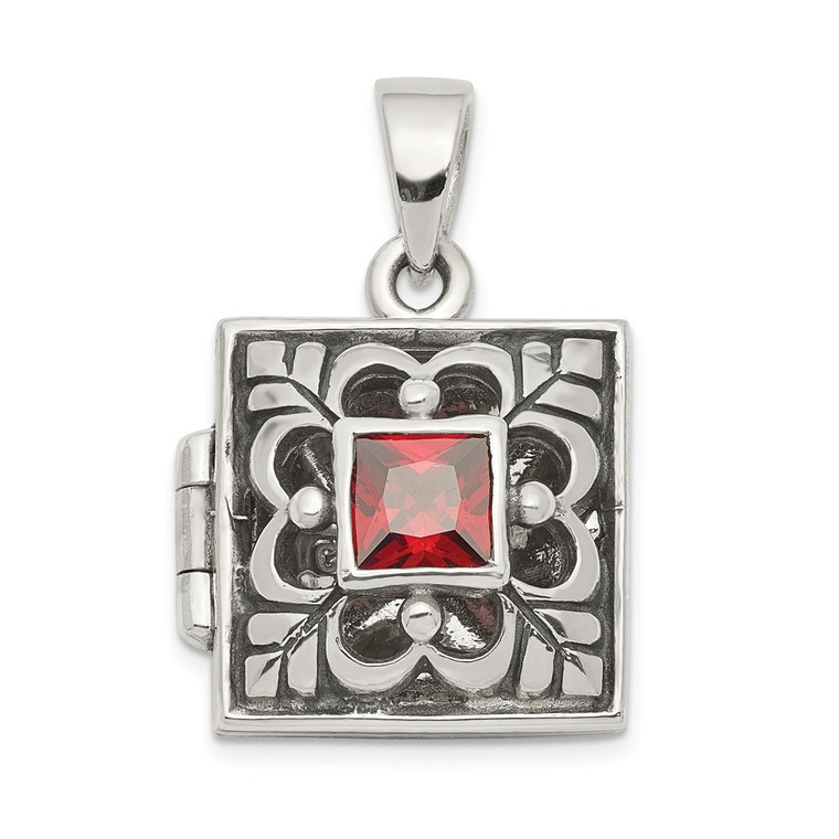 Sterling Silver Rhod-plated Polished/Antiqued Garnet Square 16mm Locket