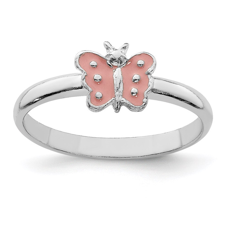 Sterling Silver RH-plated Polished Pink Enameled Butterfly Children's Ring - QR-CCD63EB5-4323