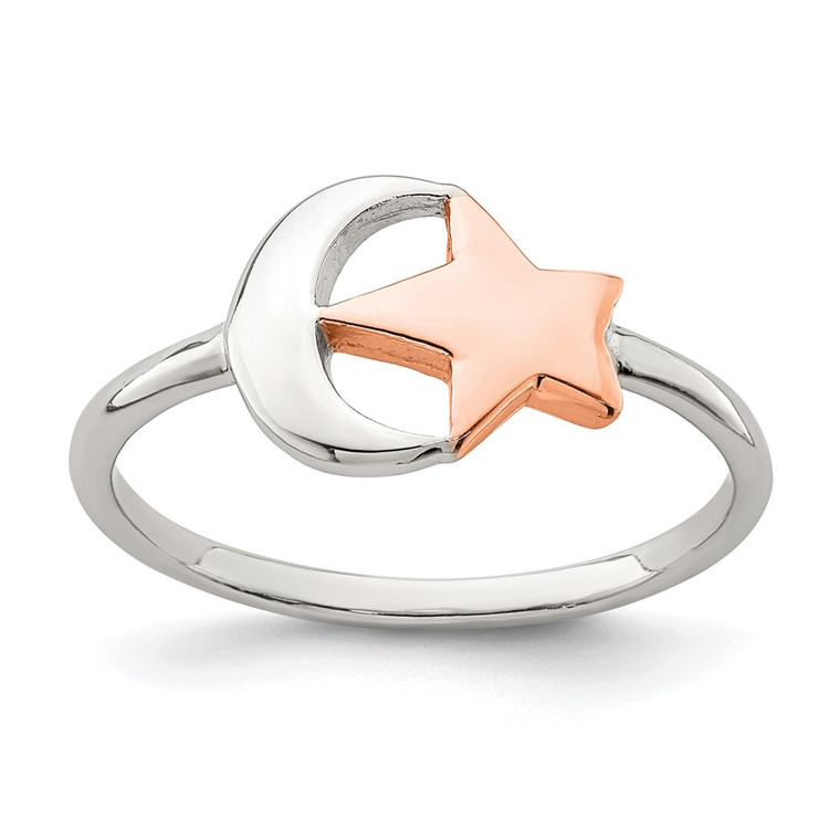 Sterling Silver Rose Tone Moon & Star Ring - QR-3DD98948-7366