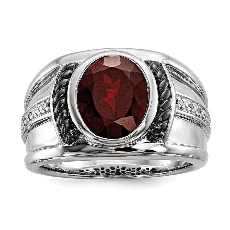 White Night Sterling Silver Black Rhodium-plated Garnet and Diamond Oval Men's Ring - QR-7CB33B3C-6074