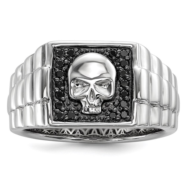 White Night Sterling Silver Rhodium-plated Black Diamond Square Skull Men's Ring - QR-CF345162-1707