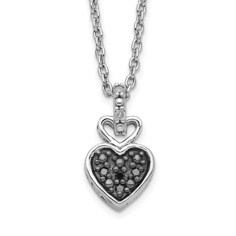 White Night Sterling Silver Rhodium-plated White and Black Diamond Heart 18 Inch Necklace with 2 Inch Extender - QP-B96D172A-1654