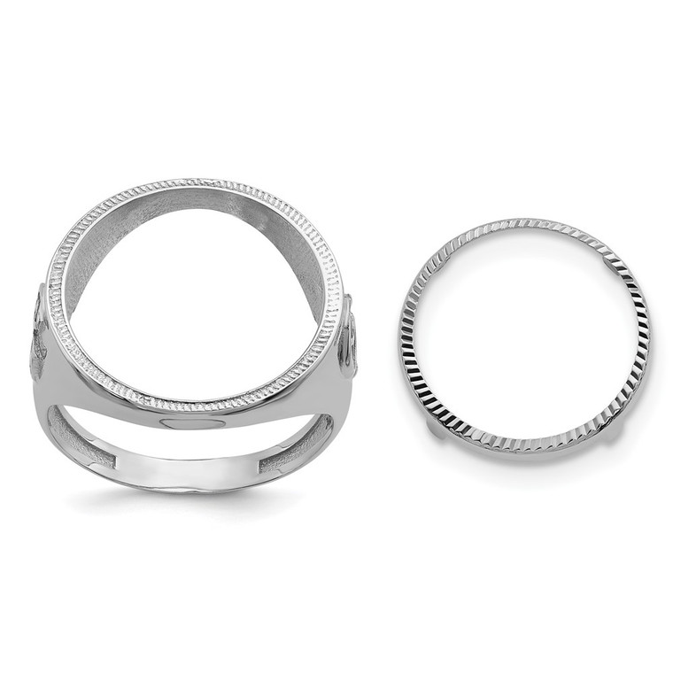 Wideband Distinguished Coin Jewelry 14k White Gold Men's Polished Textured and Diamond-cut with Masonic Sides 16.5mm Coin Bezel Ring