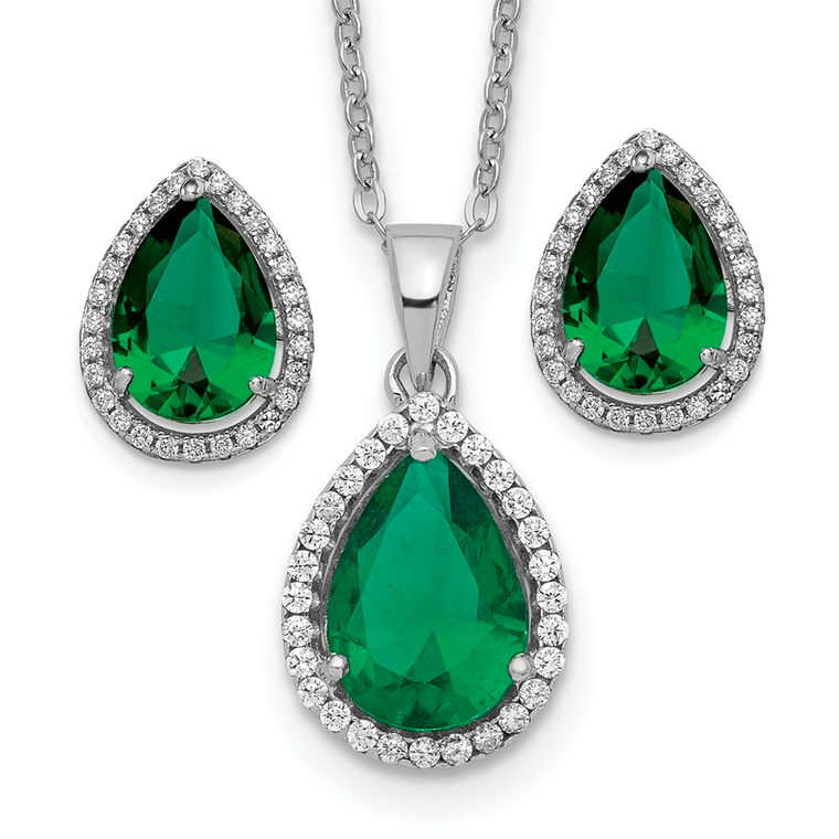 Simulated Emerald and CZ Necklace and Earrings Set
