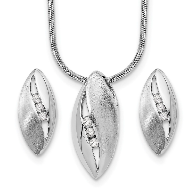 White Ice Sterling Silver Rhodium-Plated Satin and Polished Diamond Necklace and Earrings Set