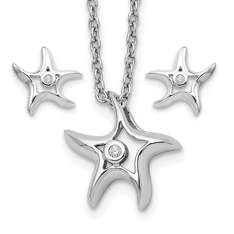 Charming necklace and earring set crafted in sterling silver with rhodium plating, featuring a playful starfish design accented with sparkling diamonds.