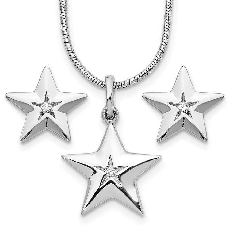 Stylish necklace and earring set crafted in sterling silver with rhodium plating, featuring a bold star design accented with sparkling diamonds at the center.