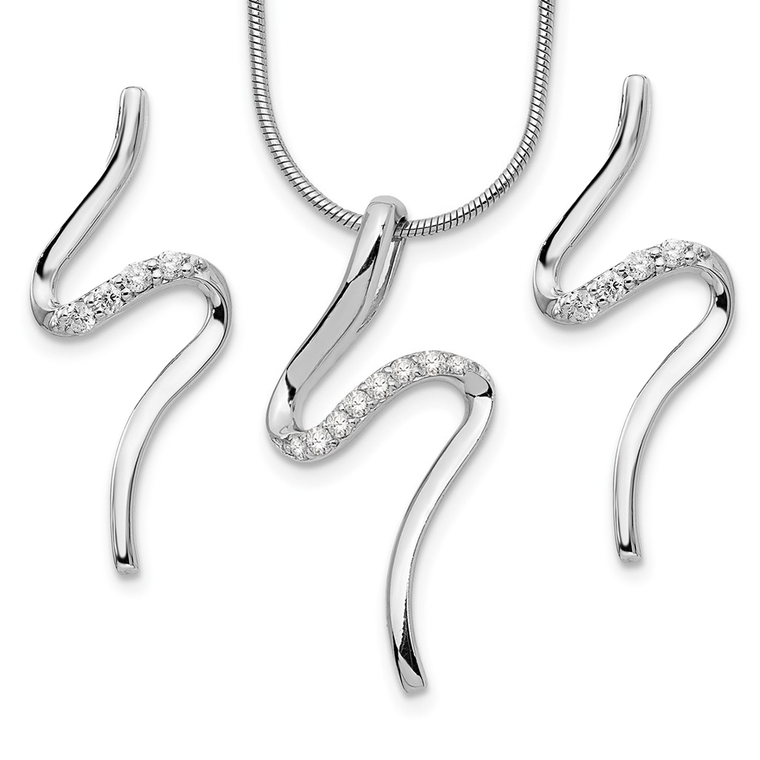 Modern and elegant, this necklace and earring set is crafted in sterling silver with rhodium plating. The flowing wave design is accented with sparkling diamonds.