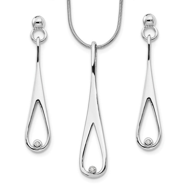 This elegant necklace and earring set is crafted in sterling silver with a refined rhodium-plated finish. The open teardrop design is accented with a single sparkling diamond.