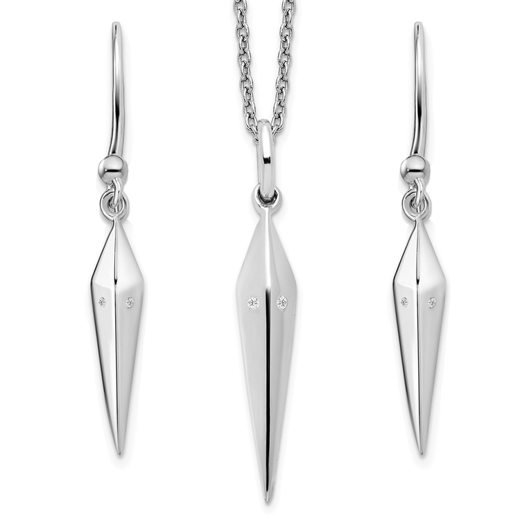 Sleek sterling silver rhodium-plated necklace and earring set, accented with subtle diamond details for a modern, refined touch.