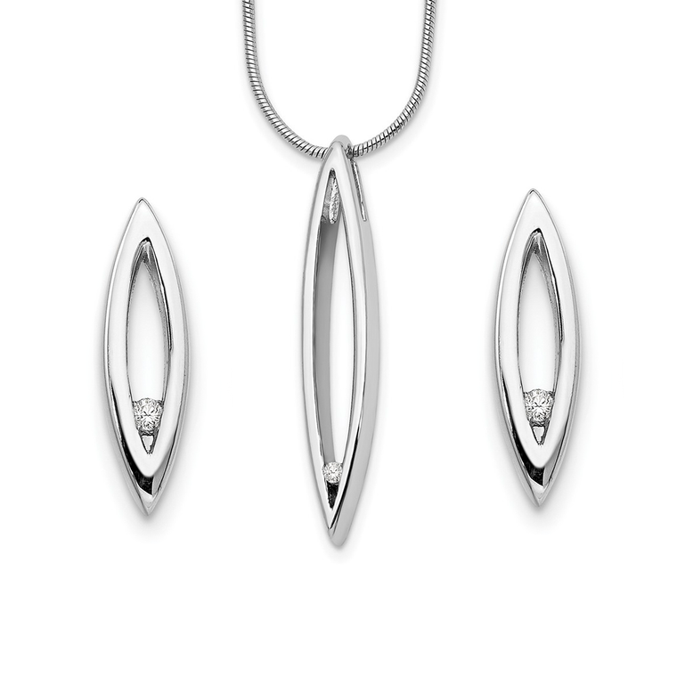 Modern sterling silver rhodium-plated necklace and earring set, featuring open marquise designs accented with sparkling diamonds.