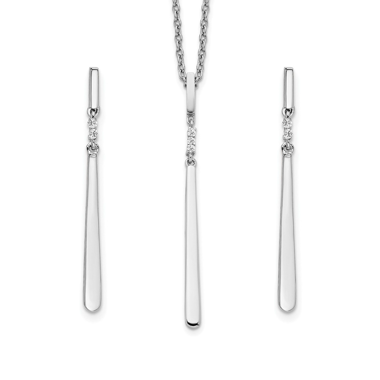 Refined sterling silver set with rhodium plating, featuring slender drop accents and sparkling diamonds.