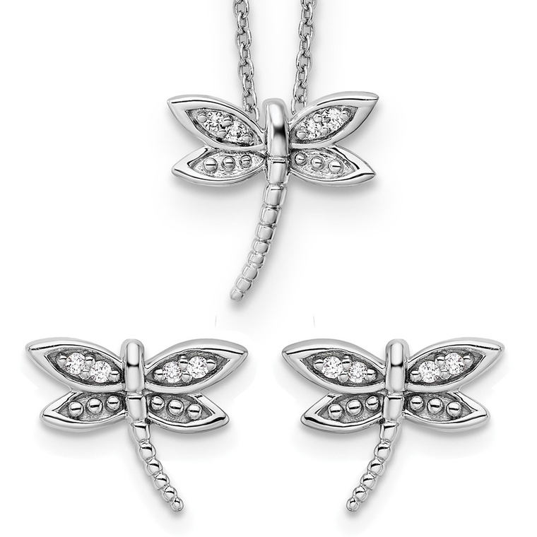Charming sterling silver rhodium-plated set featuring delicate dragonfly designs accented with sparkling diamonds.