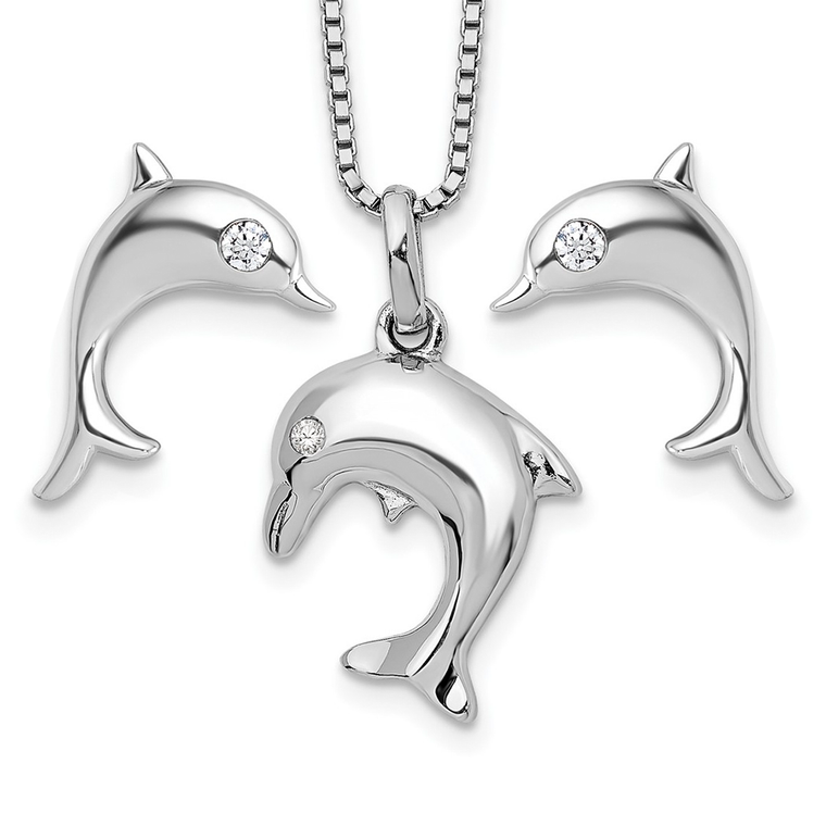 Playful sterling silver rhodium-plated set featuring graceful dolphin designs accented with sparkling diamonds.