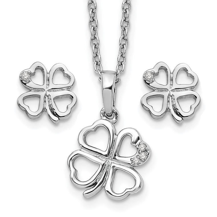 Charming sterling silver rhodium-plated set featuring an openwork four-leaf clover design accented with sparkling diamonds.
