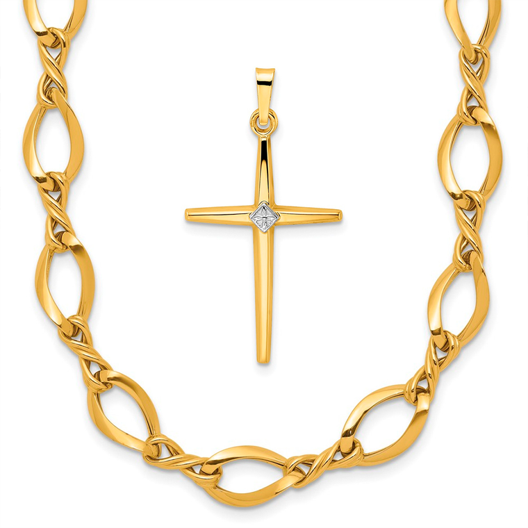 14k gold set, featuring a two-tone cross pendant with a diamond at the center and an elegant 18” chain.