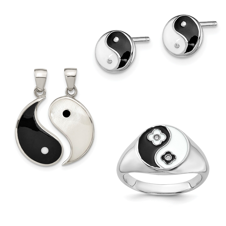This meaningful set is crafted in rhodium-plated sterling silver and features black and white enameled Yin Yang children’s post earrings, a Yin Yang CZ ring, and a two-piece Yin Yang pendant with mother-of-pearl and black resin.