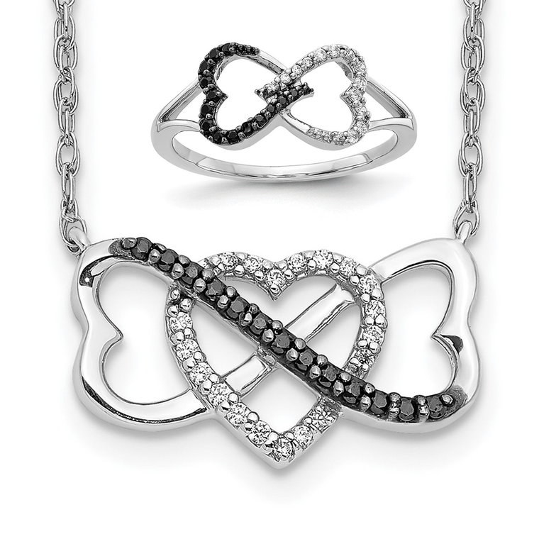This elegant 14K white gold Infinity Heart Set features a striking black and white diamond infinity heart ring (size 7) paired with a matching 17-inch infinity heart necklace.