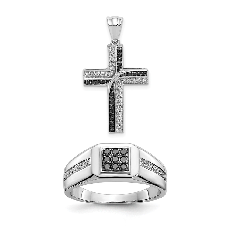 This refined set features a square men’s ring (size 9.75) accented with black and white diamonds, paired with a 14K white gold cross pendant adorned with 1/5 ct. of black and white diamonds.