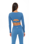 blue long sleeve cut out top