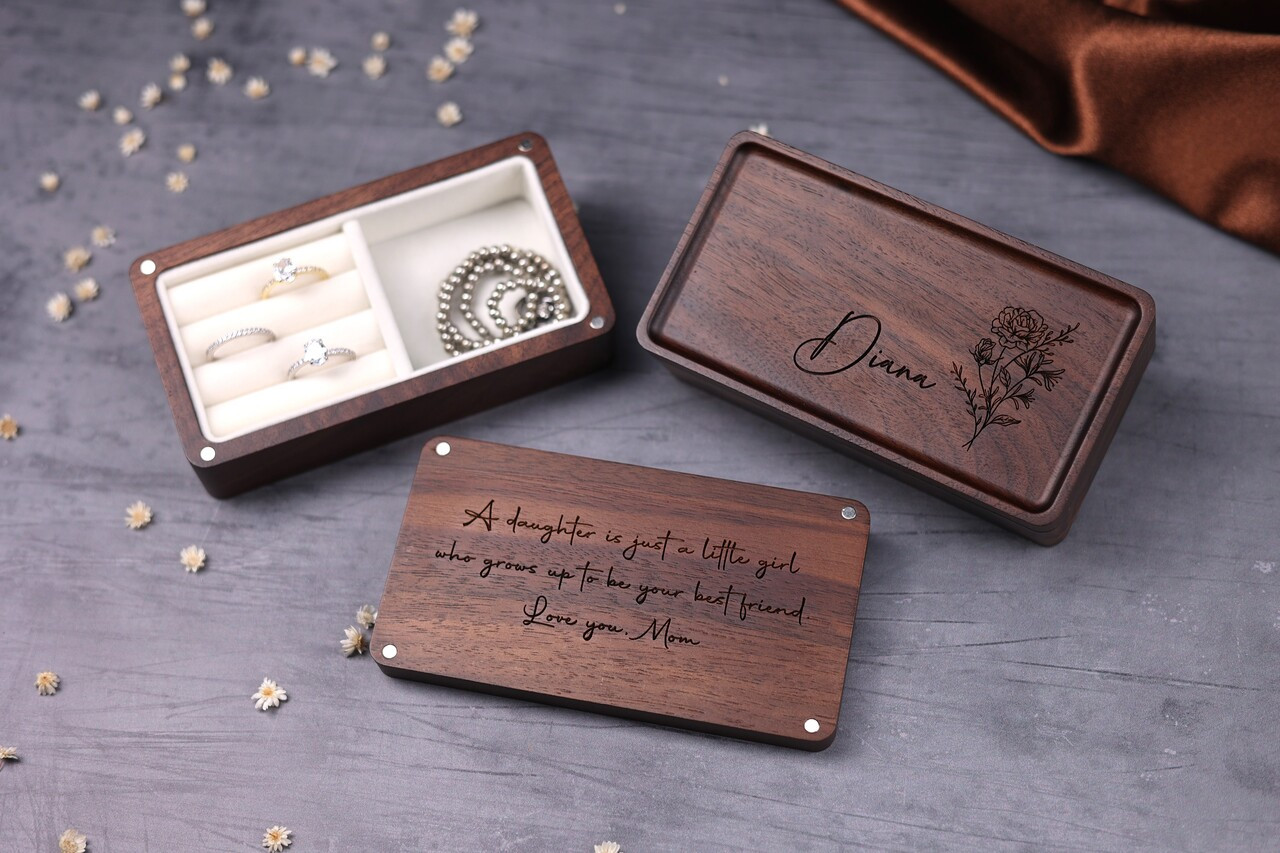 Personalized Birth Flower Jewelry Box Travel Case Wooden Box