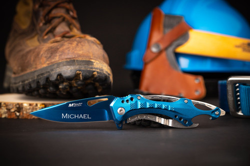 Personalized blue pocket knife with custom name engraving, Christmas gift for husband from wife or unique birthday gift for him.