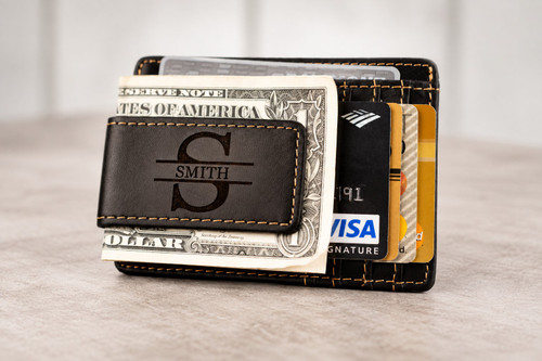 Personalized Black Leather Money Clip Wallet for Men with ID