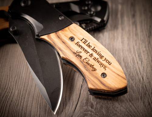 Personalized engraved pocket knife for husband, custom anniversary gift from wife, unique Christmas gift for boyfriend, and birthday gift for him.