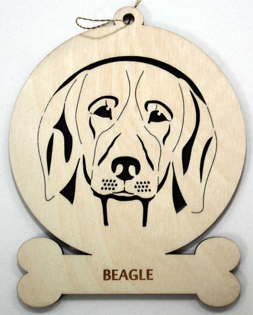 Wood Beagle Dog Ornament with breed name below picture