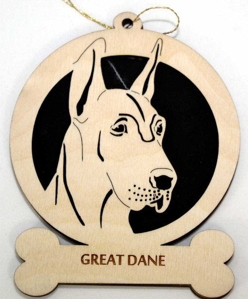 Wood Great Dane Dog Ornament with the breed laser engraved on the lower front of the ornament.