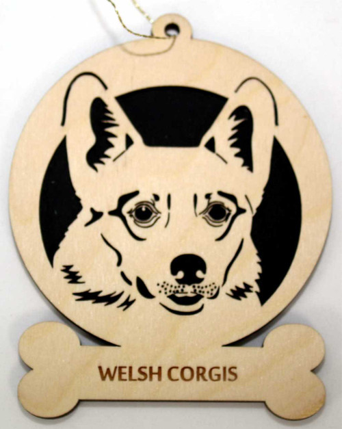 Wood Welsh Corgis Dog Ornament with the breed laser engraved on the lower front of the ornament.