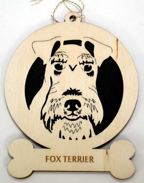 Wood Fox Terrier Dog Ornament with the breed laser engraved on the lower front of the ornament.