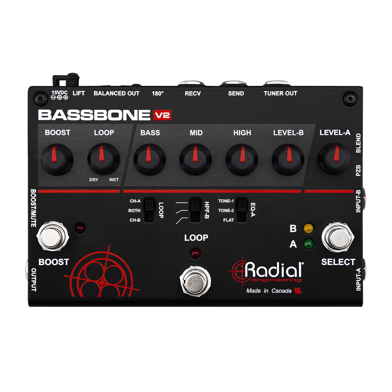 Radial BASSBONE V2 2-Channel Bass Preamp with DI Box w/ low-Z balanced out  or PA