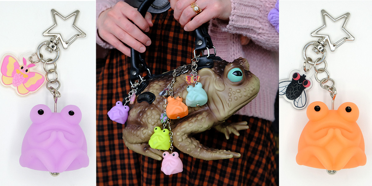 A lavender and orange toad keychain on either side of an image of a brown toad purse with multicolored toad keychains hanging off of it