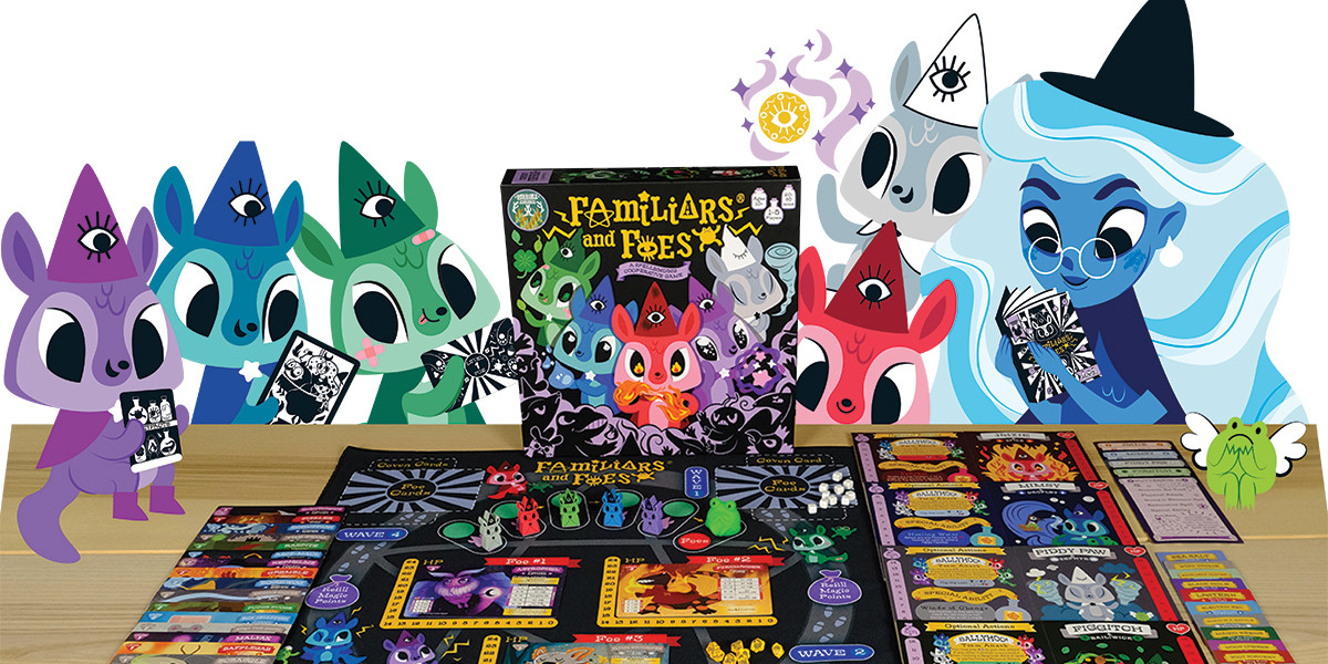 A boardgame laid out on a table with illustrations of multicolored animals and a blue witch playing it