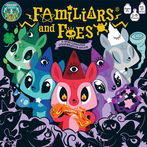 Multicolored animals wearing with text above reading, 'Familiars and Foes: A Spellbinding Cooperative Game.'
