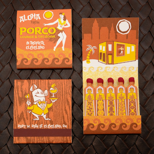 Three brown matchbooks with the text, 'Aloha from Porco Lounge and Tiki Room in Tropical Cleveland.'