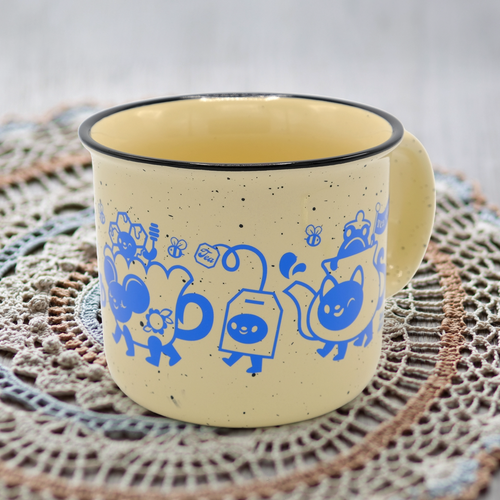 A cream colored mug with a blue print depicting a parade of tea and coffee themed animals