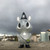 A silver animal figurine wearing a black hat standing on the ground with storm clouds above it